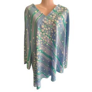 Bob Mackie Wearable Art Tunic Womens 1X Blue Green Abstract Asymmetrical Hem Top